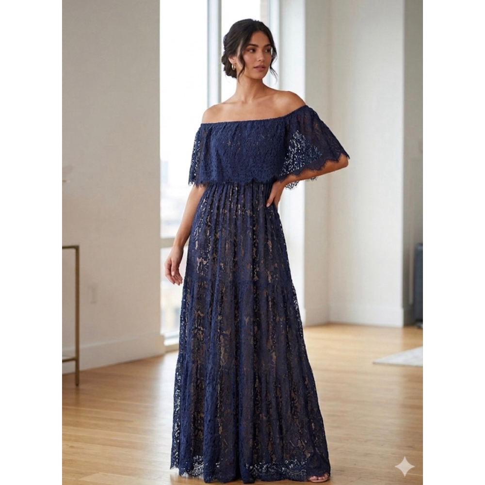 Aakaa Navy Lace Off-Shoulder Maxi Dress S